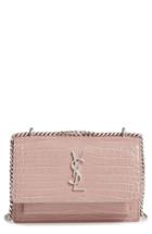 Saint Laurent Mini Monogram Sunset Croc Embossed Leather Shoulder Bag - Pink