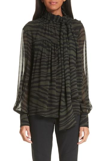 Women's Proenza Schouler Tiger Stripe Tie Neck Silk Chiffon Blouse - Green