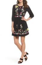 Women's French Connection Saya Embroidered Crepe Fit & Flare Dress - Black
