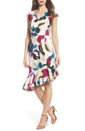 Women's Maggy London Print Crepe Asymmetrical Hem Dress - Ivory