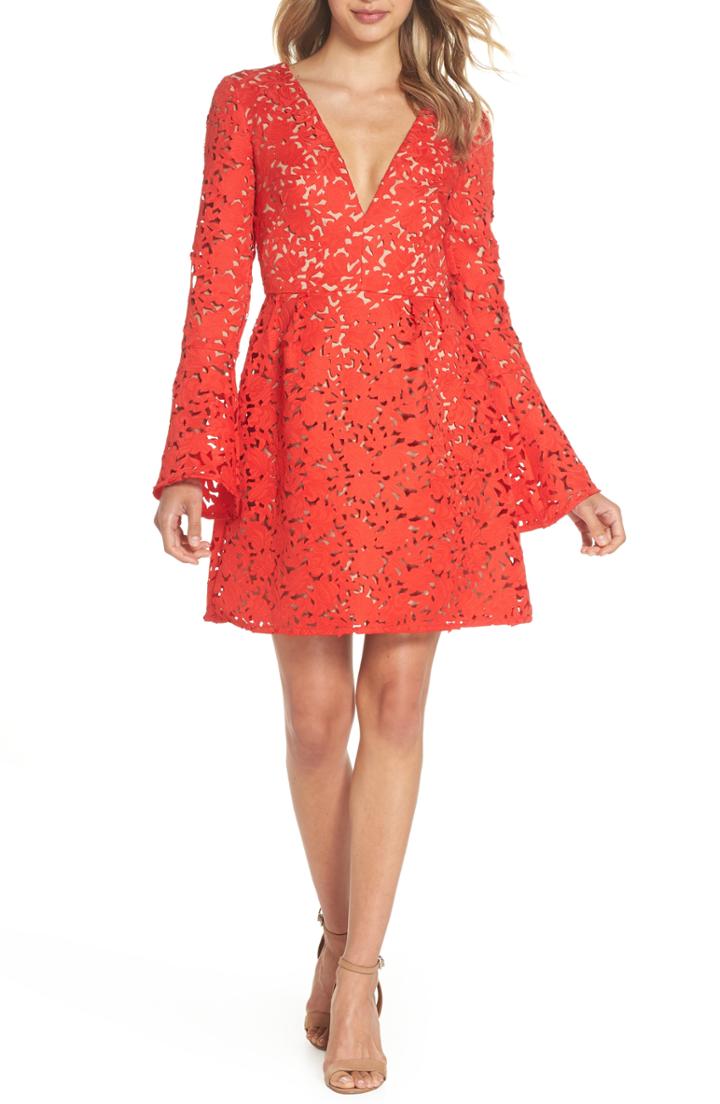 Women's Ml Monique Lhuillier Lazercut Bell Sleeve Fit & Flare Dress