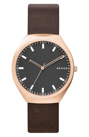 Men's Skagen Greenen Leather Strap Watch, 40mm