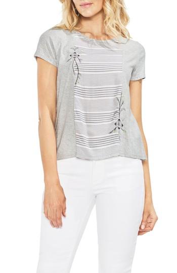 Women's Vince Camuto Embroidered Stripe Panel Cotton Tee, Size - Grey