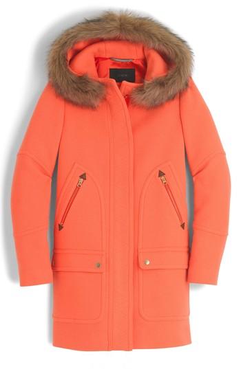 Petite Women's J.crew Chateau Stadium Cloth Parka With Faux Fur P - Orange