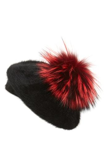 Women's Kyi Kyi Genuine Fox Fur Pom Beret - Black