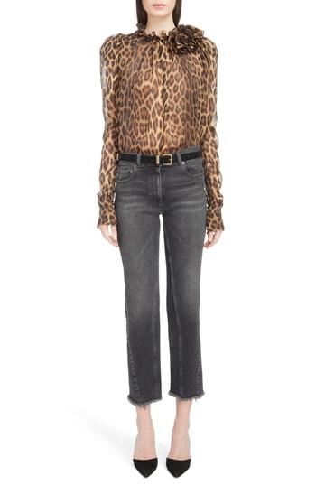 Women's Magda Butrym Ruffle Neck Leopard Print Silk Blouse Us / 34 Fr - Brown