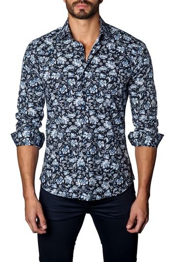 Men's Jared Lang Trim Fit Damask Floral Sport Shirt, Size - Blue