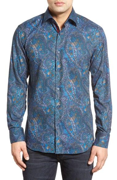 Men's Bugatchi Shaped Fit Paisley Sport Shirt - Blue