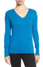 Petite Women's Halogen V-neck Cashmere Sweater, Size P - Blue/green