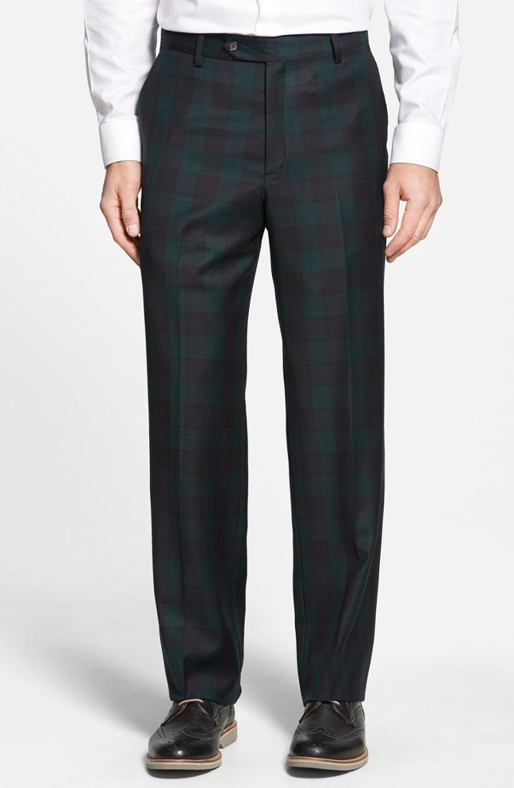 Men's Berle Flat Front Plaid Wool Trousers X 30 - Green