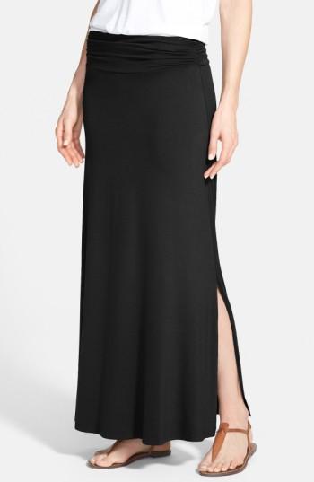 Petite Women's Bobeau Ruched Waist Side Slit Maxi Skirt, Size P - Black