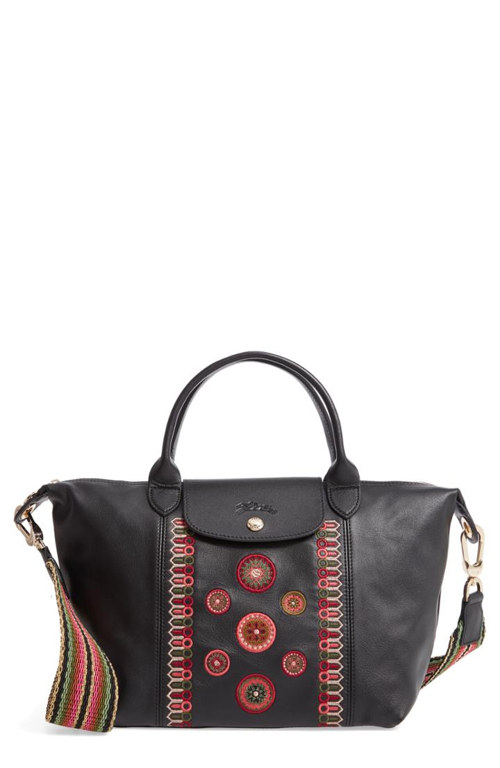 Longchamp Le Pliage Embroidered Leather Shoulder Bag - Black