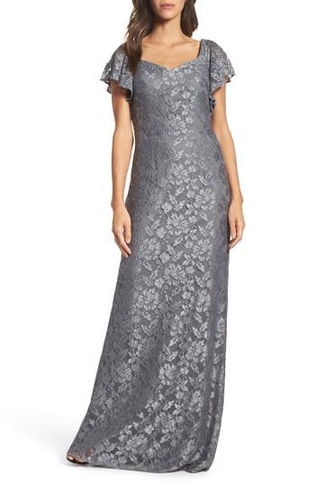Women's La Femme Flutter Sleeve Lace Gown