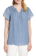 Women's Nordstrom Signature Crinkle Silk Stripe Lace Up Blouse - Blue