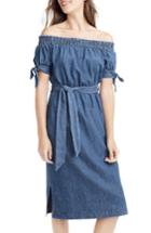 Women's J.crew Tie Waist Chambray Off The Shoulder Dress - Blue