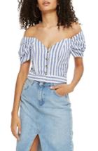 Women's Topshop Stripe Puff Sleeve Off The Shoulder Top Us (fits Like 0-2) - Blue