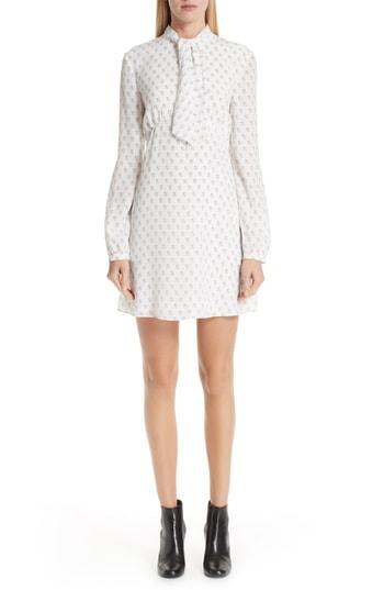 Women's Saint Laurent Card Print Tie Neck Silk Dress Us / 36 Fr - White
