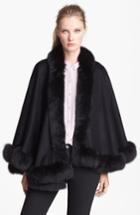 Women's Sofia Cashmere Genuine Fox Fur Trim Short Cashmere Cape, Size - Black