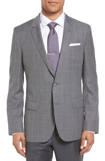 Men's Boss Hutch 2 Trim Fit Windowpane Wool Sport Coat S - Grey