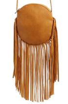 Street Level Fringe Faux Leather Round Crossbody Bag - Brown