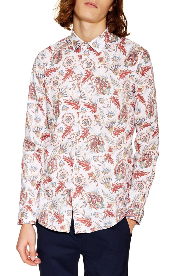 Men's Topman Classic Fit Long Sleeve Light Paisley Shirt - White