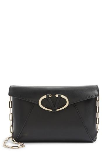 Valentino Garavani V-clasp Calfskin Leather Envelope Clutch - Black