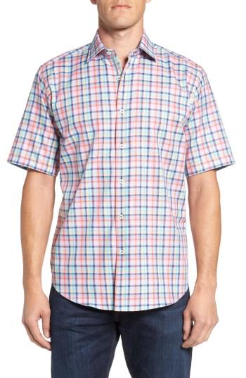 Men's Bugatchi Classic Fit Check Short Sleeve Sport Shirt - Coral