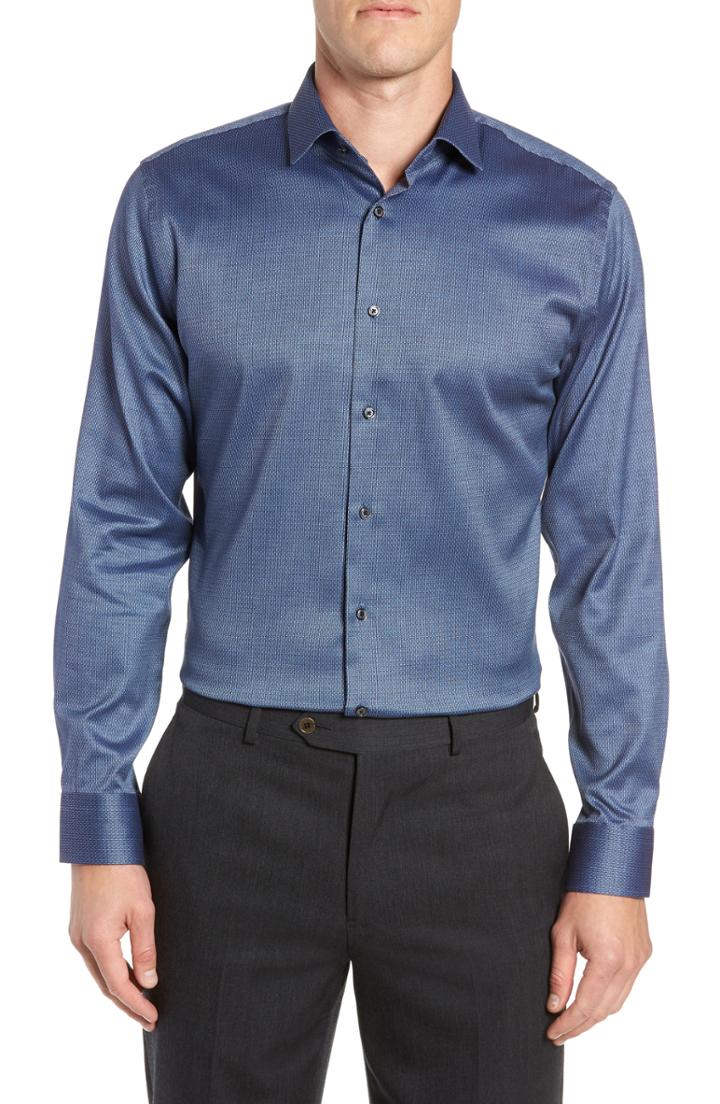 Men's Calibrate Trim Fit Non-iron Print Dress Shirt - 32/33 - Blue
