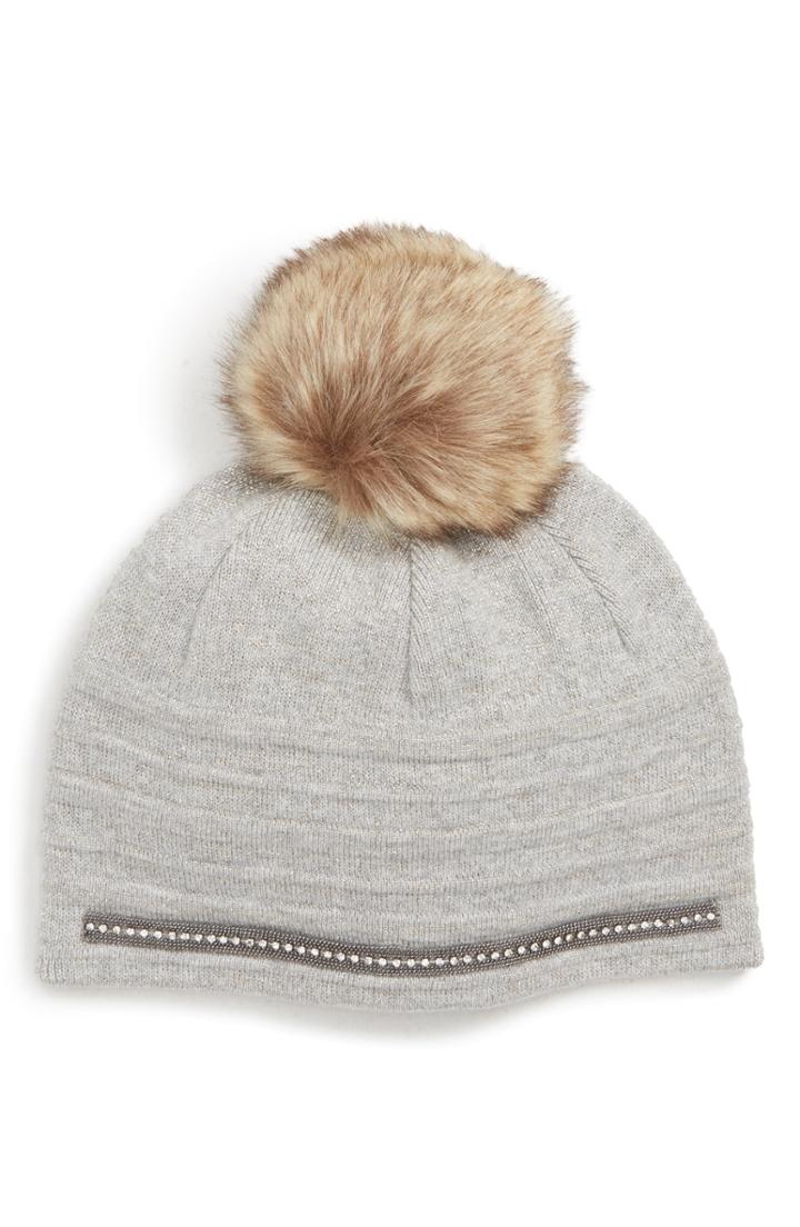 Women's Badgley Mischka Stitch Faux Fur Pom Beanie - Grey