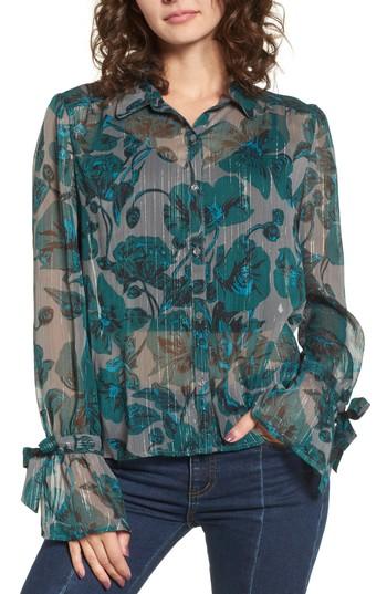 Women's Bp. Sheer Metallic Floral Shirt - Green