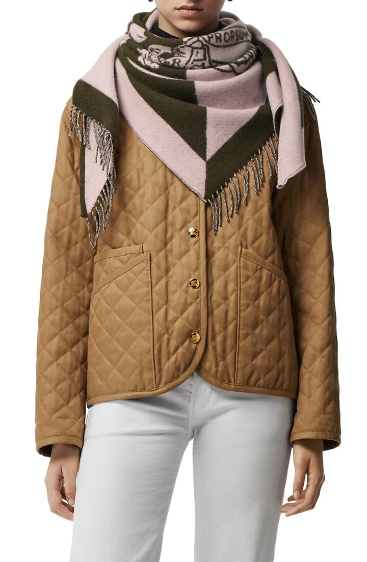 Women's Burberry Graphic Crest Fringe Bandanna Scarf, Size - Pink