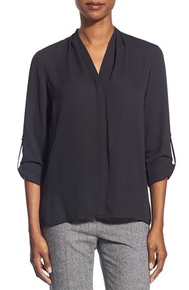 Women's T Tahari 'taylor' Roll Sleeve Blouse - Black