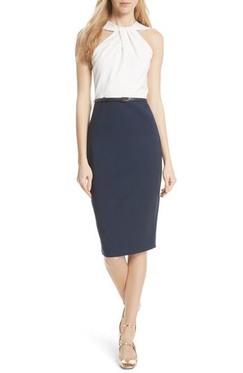 Women's Ted Baker London Twist Neck Belted Pencil Dress - Blue