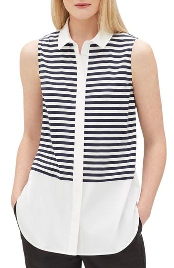 Women's Lafayette 148 New York Malta Stripe Stretch Cotton Blouse - Blue