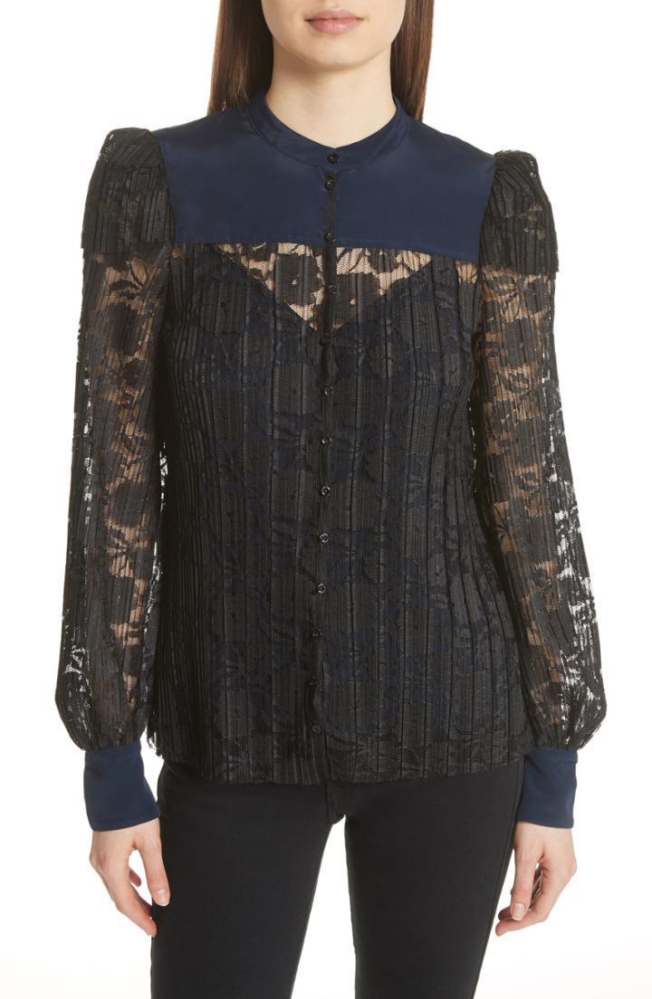 Women's See By Chloe Contrast Detail Silk Lace Blouse Us / 36 Fr - Black