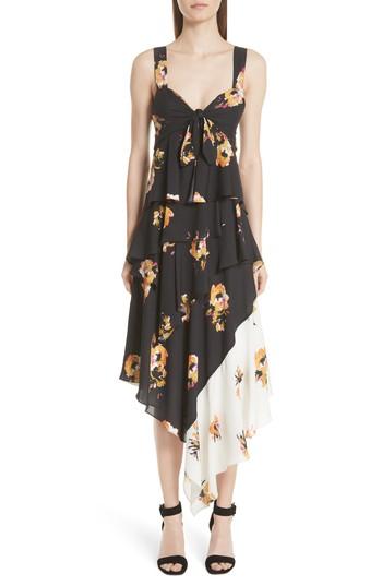 Women's A.l.c. Natalia Floral Print Silk Asymmetrical Midi Dress - Black