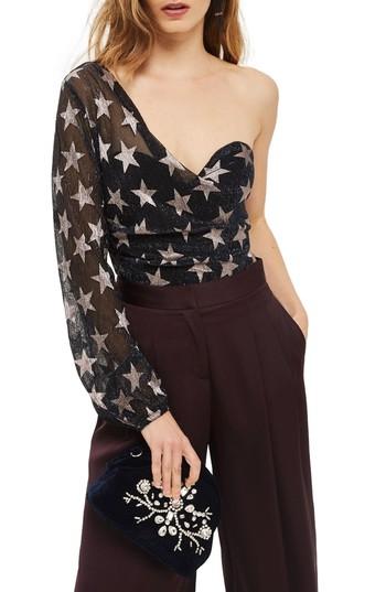 Women's Topshop Star One-shoulder Bodysuit Us (fits Like 0-2) - Black