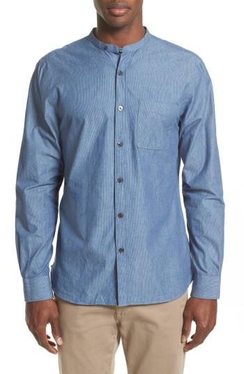 Men's Todd Snyder Stripe Trim Fit Mandarin Collar Sport Shirt, Size - Blue