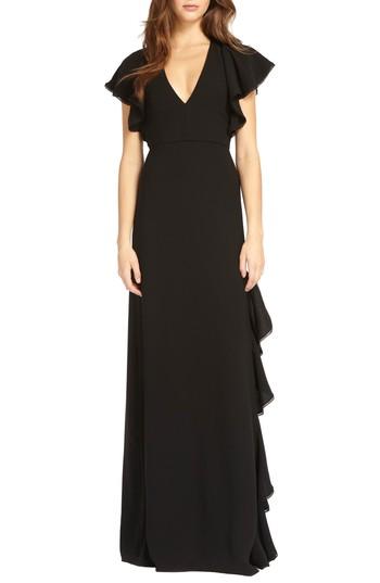 Women's Ml Monique Lhuillier V-neck Ruffle Gown - Black