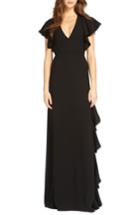 Women's Ml Monique Lhuillier V-neck Ruffle Gown - Black