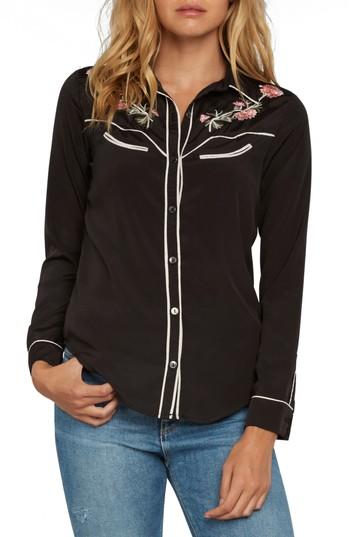 Women's Willow & Clay Western Rose Embroidered Pj Shirt - Black
