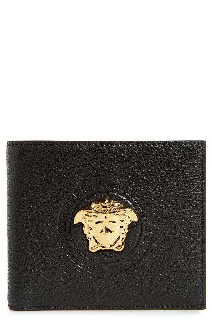 Men's Versace Gold Medusa Leather Wallet - Black