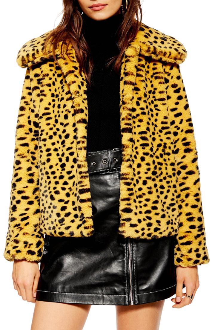 Women's Topshop Cheetah Print Faux Fur Coat Us (fits Like 0) - Yellow