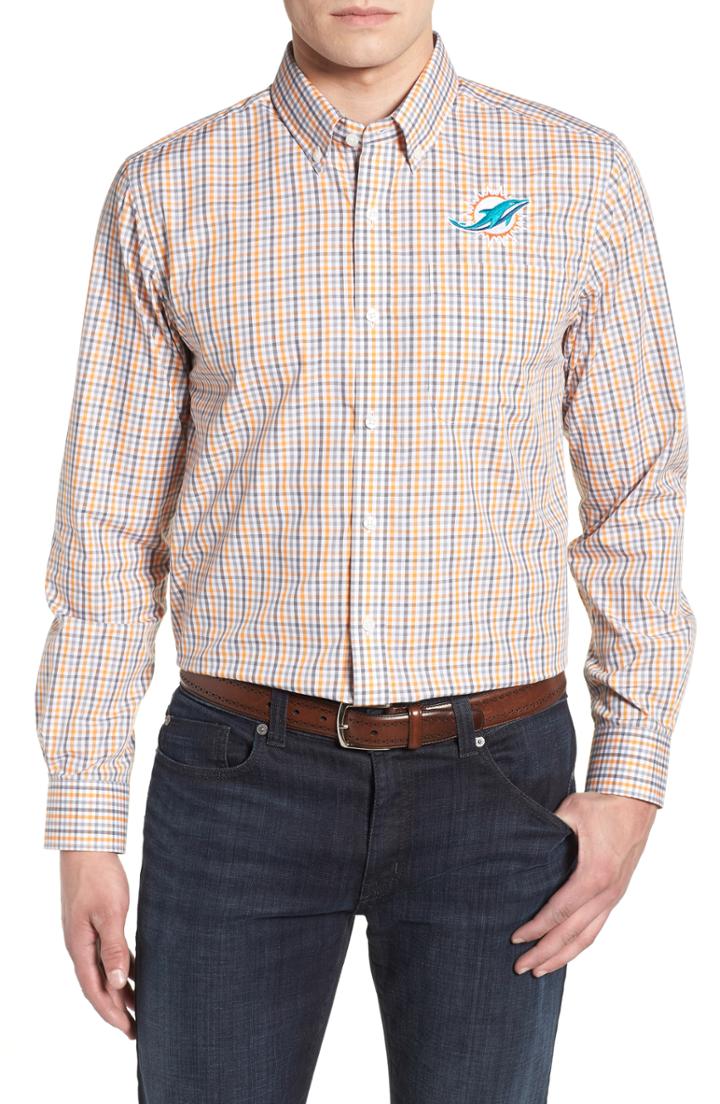 Men's Cutter & Buck Miami Dolphins - Gilman Regular Fit Plaid Sport Shirt, Size - Orange
