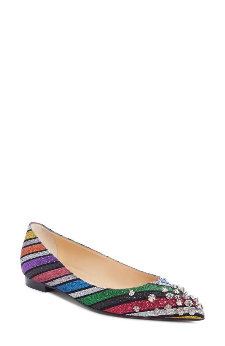 Women's Christian Louboutin Drama Striped Studded Flat Us / 36eu - Pink
