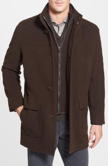 Men's Cole Haan Wool Blend Top Coat With Inset Bib, Size - Brown