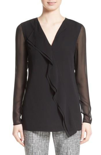 Women's St. John Collection Silk Asymmetrical Ruffle Blouse - Black