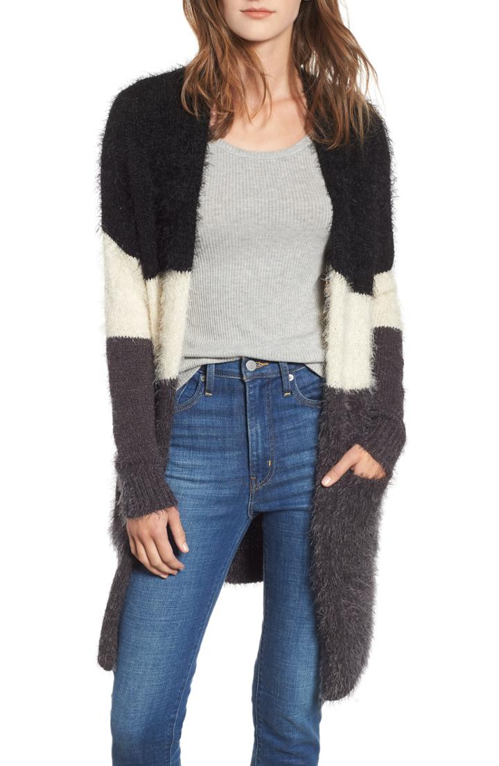 Women's Woven Heart Stripe Eyelash Knit Cardigan - Black