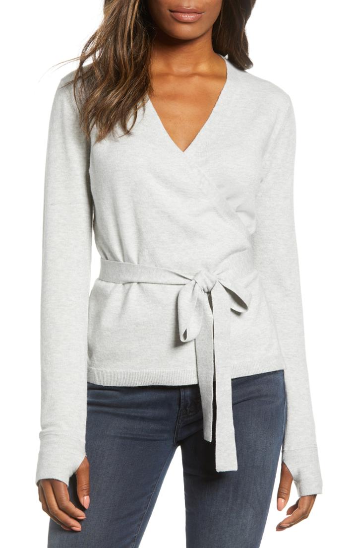 Petite Women's Caslon Off-duty Ballet Tie Front Sweater, Size P - Grey