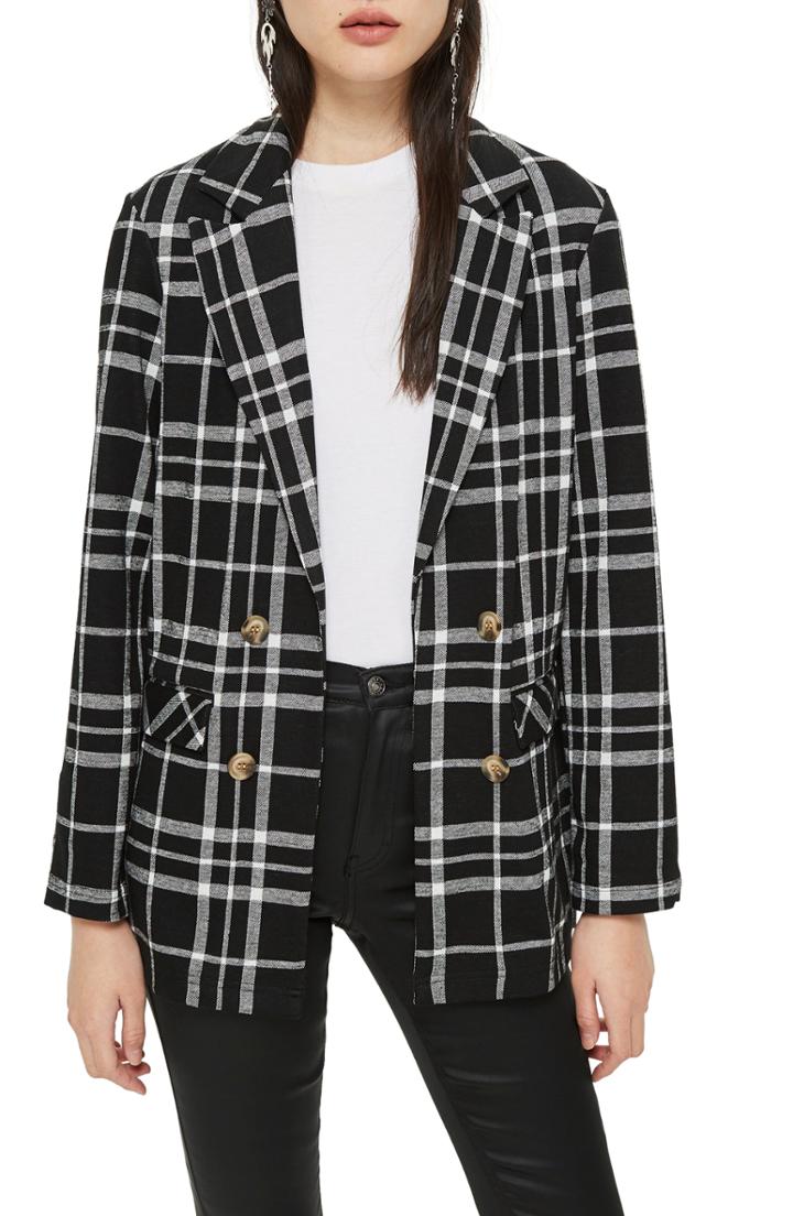 Women's Topshop Double Breasted Check Jacket Us (fits Like 10-12) - Black